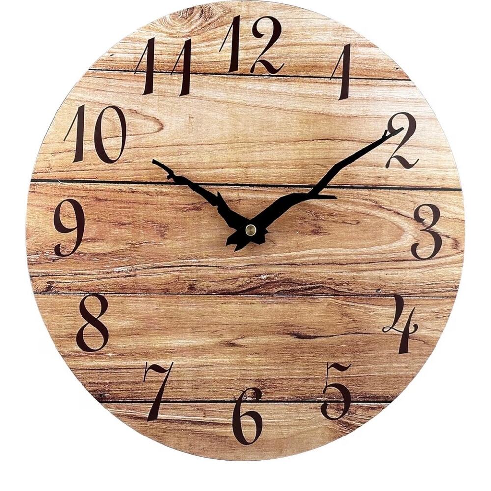 12in Wood plank rustic style round, frameless wall clock silent quartz movement